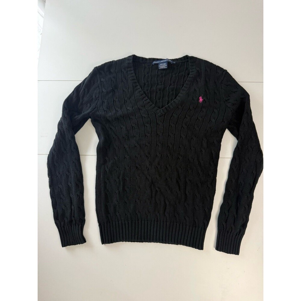 Ralph Lauren Sport Jumper Womens L Black Cotton Cable Knit V-Neck Pony Logo